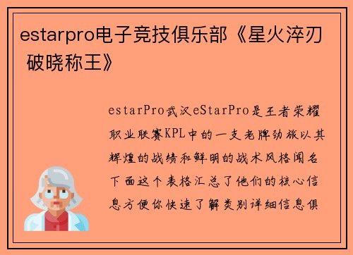 estarpro电子竞技俱乐部《星火淬刃 破晓称王》